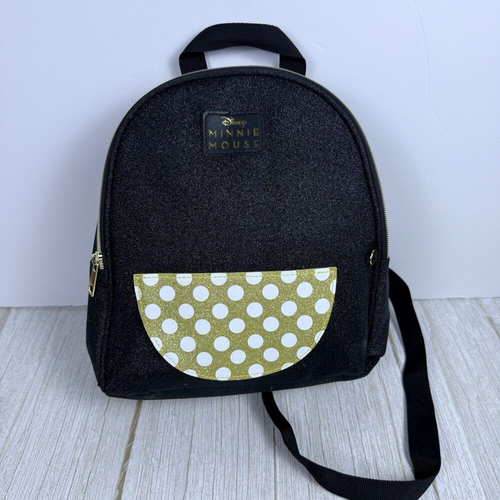 Disney Minnie Mouse Mini Backpack Black Gold Polka Dot Women bag Glitter